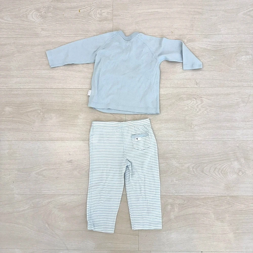 Burt's Bees Baby 2pc Set 6-9M Blue Organic Cotton Kimono Wrap Top Striped Pants
